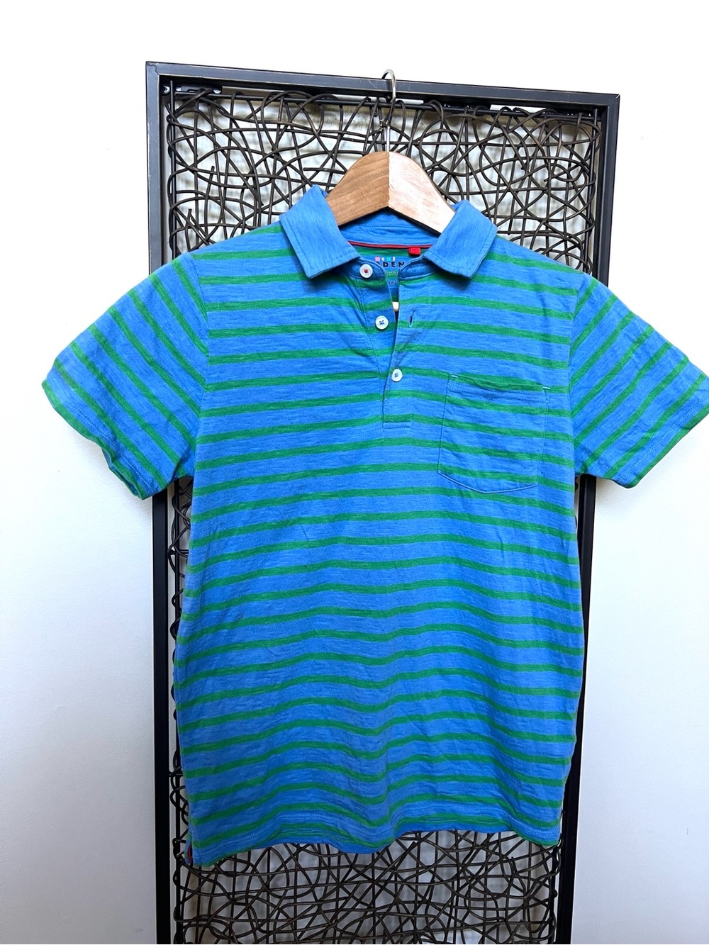 Mini Boden Boys Slub Polo Regatta Blue Shamrock Green Stripe 100% cotton 13-14yr